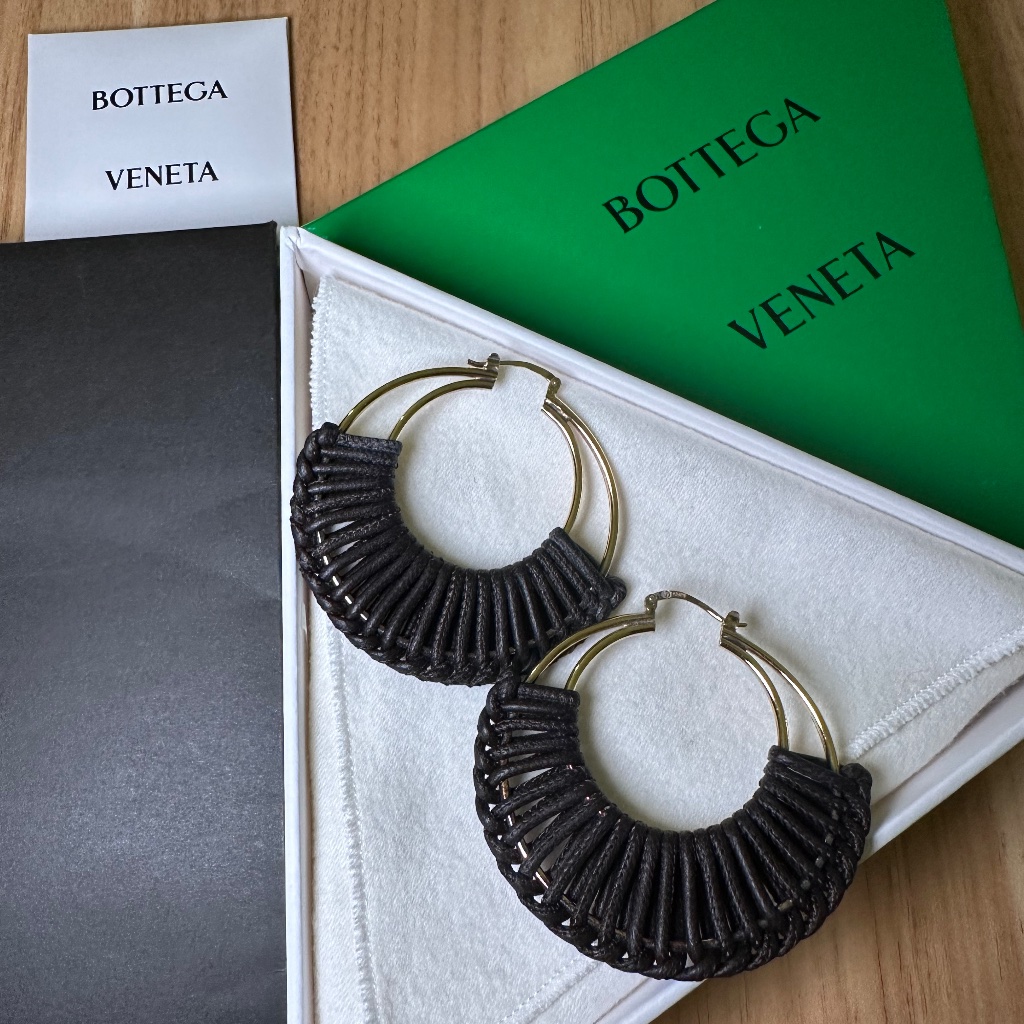 Bottega Veneta Gold Brown Braided Hoop Earrings 360$